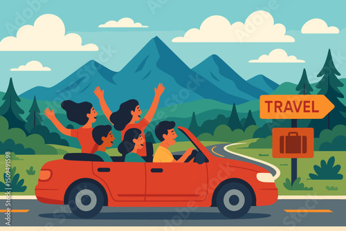 Friends enjoy a road trip through mountains with joyful vibes and adventure ahead in a convertible car