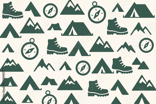 Camping and hiking icons with mountains, tents, and boots on a light background for outdoor adventure themes