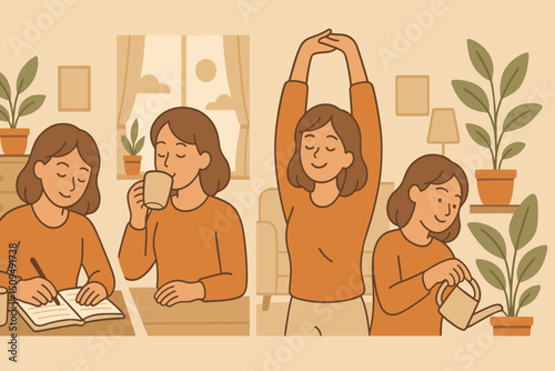 Enjoying a cozy indoor afternoon with mindfulness, tea, and nurturing plants