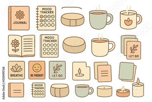 Creative illustrations of wellness and mindfulness elements featuring journals, mood trackers, and calming beverages in soft colors