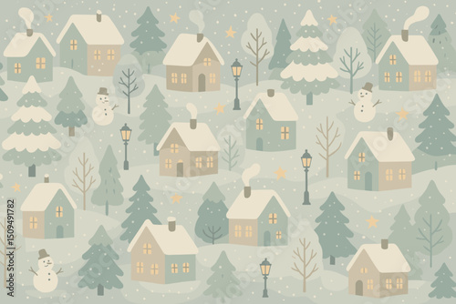 Cozy winter village with snow-covered houses and cheerful snowmen during a serene evening