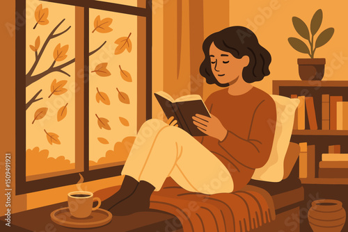 Cozy autumn day while reading a book by the window with a warm drink and colorful leaves outside