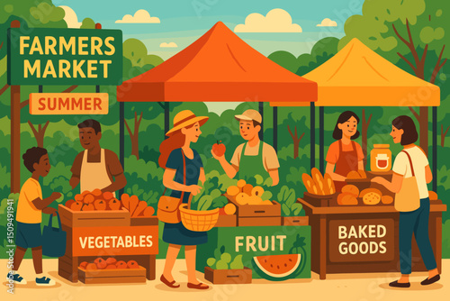 Farmers market in summer shows locals enjoying fresh produce and baked goods in a vibrant outdoor setting