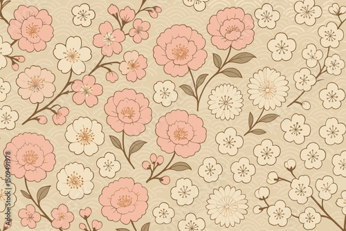 Floral pattern with pink and white flowers on a beige background showcasing springtime beauty and elegance