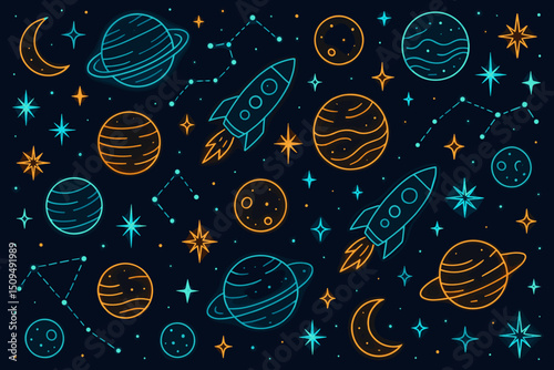 Colorful cosmic pattern featuring rockets, planets, and stars in a dark background with an outer space theme