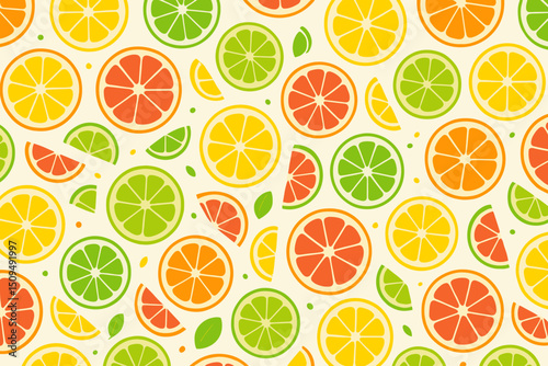 Colorful citrus pattern featuring slices of various fruits across a light background for a fresh and vibrant design