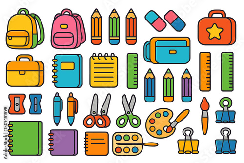 Collection of colorful school supplies including bags, notebooks, and writing tools for back-to-school preparation