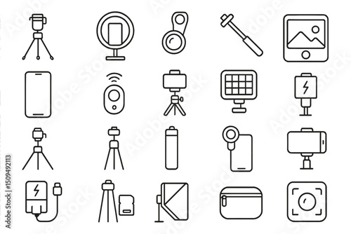Photography equipment and accessories arranged in a grid with various tools for capturing images digitally or manually