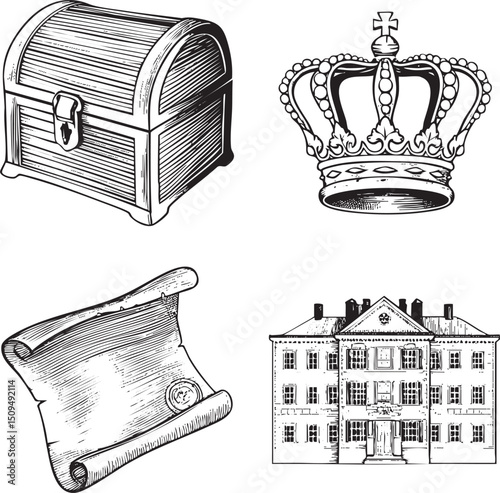 detailed showcases a treasure chest a regal crown and a historic .