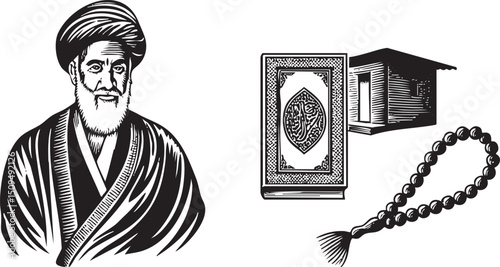 elderly scholar studies a sacred book with a prayer bead strand.