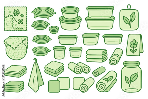Various green kitchen storage containers and kitchen accessories arranged neatly on a white background