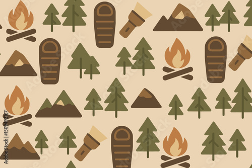 Camping pattern featuring trees, mountains, campfires, and outdoor gear in a warm color scheme for nature lovers