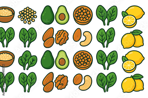Colorful display of healthy foods including avocado, nuts, and spinach in an organized pattern