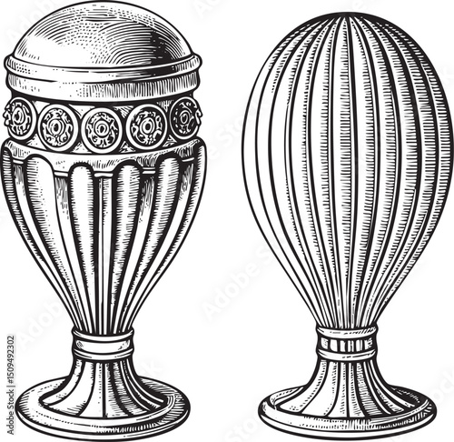Two intricately detailed decorative urns are presented in a black and white engraving.