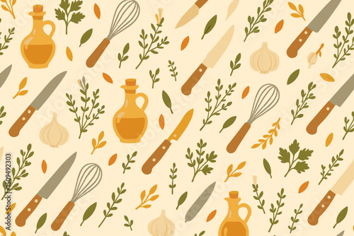 Kitchen utensils and herbs arranged in a decorative pattern perfect for culinary inspiration