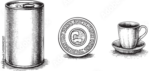 silver can rests beside a ceramic cup and saucer.