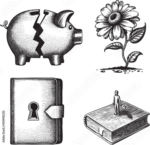 cracked piggy bank sits beside a blooming daisy and a man stands before an open book.
