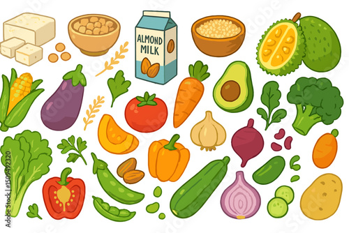 Colorful assortment of fresh vegetables, fruits, and plant-based products on a white background ready for cooking or meal prep