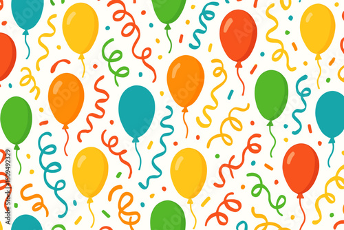 Colorful balloons and confetti create a festive atmosphere for a celebration or party decoration