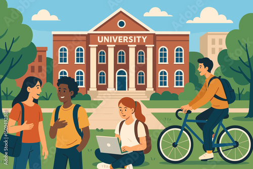 Students engaging on campus in front of university building with greenery and city backdrop during sunny day