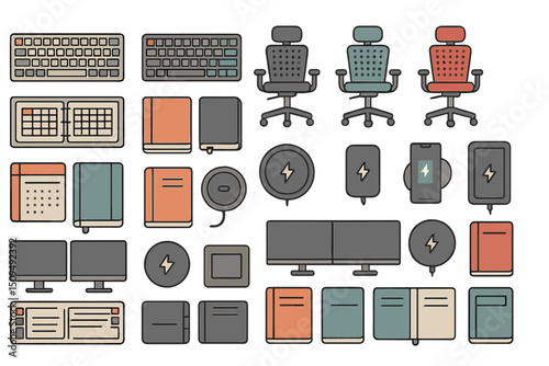 Office workspace elements including keyboards, chairs, monitors, and notebooks arranged neatly on a white background