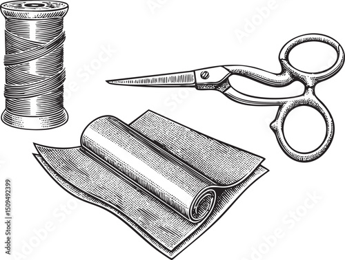 spool of thread fabric shears and a rolled piece of material are displayed.