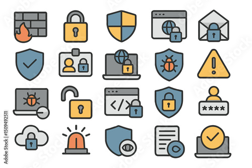 Collection of digital security icons representing various cybersecurity concepts and practices
