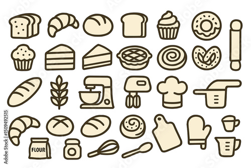 Variety of baked goods and kitchen tools illustrated in simple design for baking enthusiasts and culinary artists