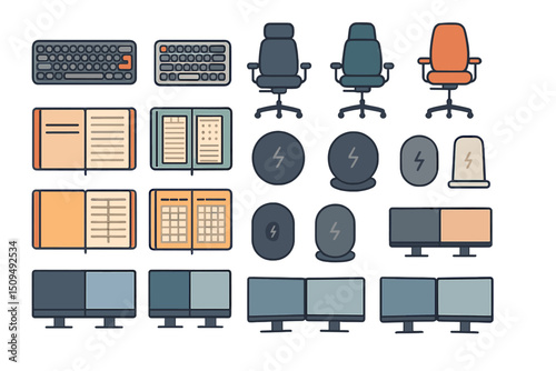 Office workspace elements featuring chairs, desks, computers, and stationery in a minimalist design