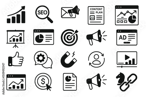 Marketing and SEO strategy elements represented by various icons on a clean white background