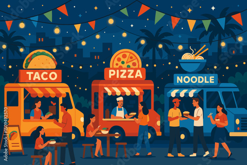 Food trucks gather at night market offering diverse cuisines in a lively urban setting with string lights and vibrant decorations