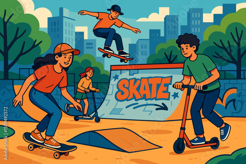 Kids enjoy skateboarding and scootering at a lively urban skate park on a sunny afternoon