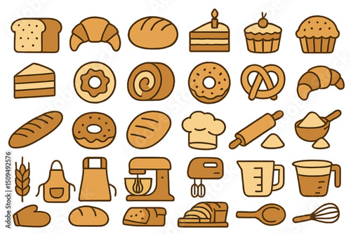 Collection of bakery items and tools on a white background highlighting various baked goods and utensils