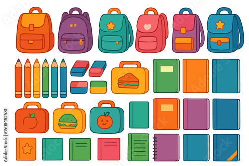 Fun and colorful school supplies spread out on a white background featuring backpacks, lunchboxes, and stationery items