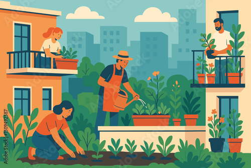 People gardening together in an urban setting during a sunny afternoon