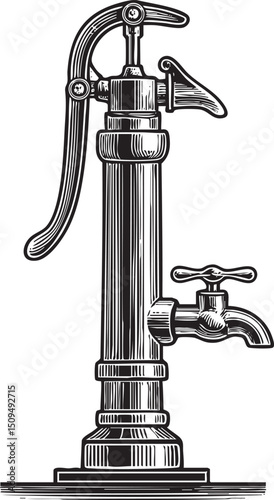 vintage black and white water pump stands tall on a wooden base.