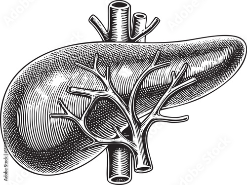 Detailed black and white engraving of a human liver.