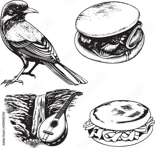 black bird perches near a burger and banjo.