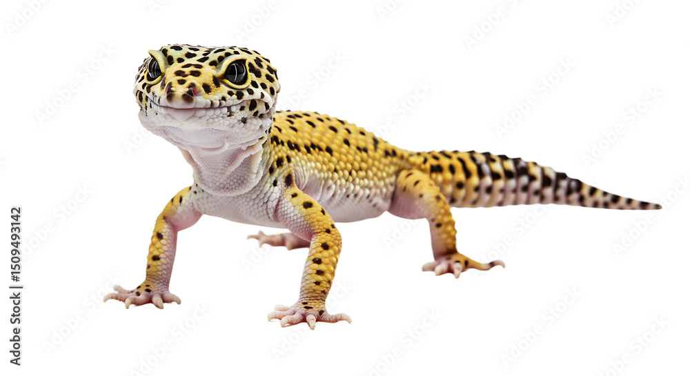 Naklejka premium Leopard Gecko with Yellow and Black Spots Standing with a Slight Smile