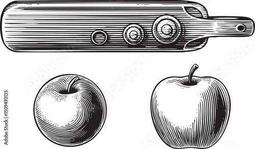Two apples rest beneath a vintage hunting knife.