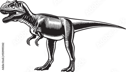 detailed black and white of a predatory dinosaur stands upright.