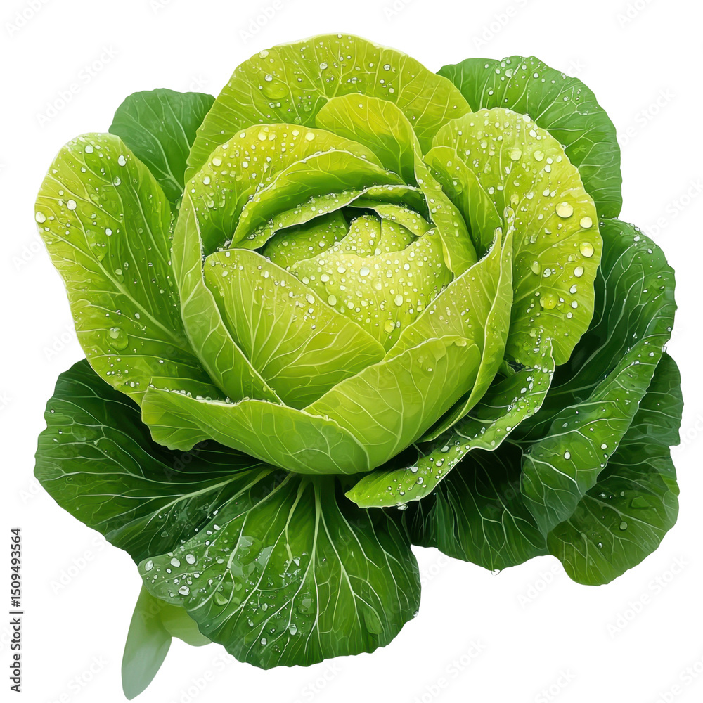 Fototapeta premium Fresh Green Cabbage with Water Drops on Leaves in Bright Light Displaying Natural Vegetation and Organic Farming Concepts transparent background, png