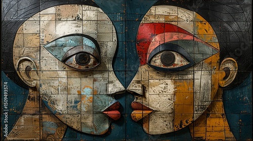 Colorful mural featuring abstract faces in a close encounter on a textured wall in an urban setting during daylight