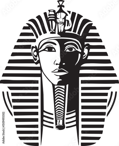 stylized black and white of the pharaoh’s face featuring intricate details and a regal expression.