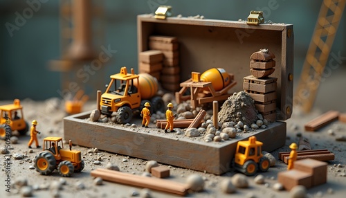 Construction site inside a wooden box with vehicles