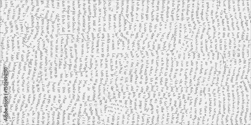 Vector textures, pattern with handwritten scribbles imitating text. Black and white background with blobs and ink stains in retro style. Vector illustration. Overlay template.