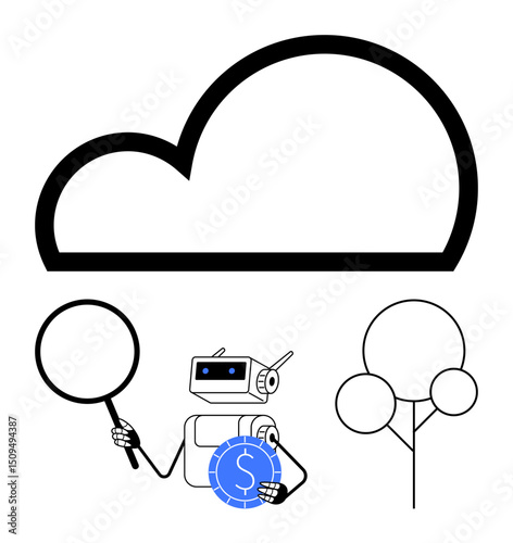 Robot examining cloud with magnifying glass and holding digital currency. Beside stylized trees. Ideal for innovation, AI, finance, tech, environment, research cloud storage. Flat simple metaphor