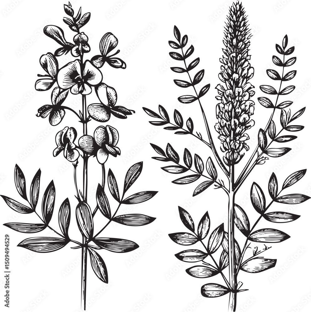 Fototapeta premium Two botanical stems display delicate flower clusters and vibrant foliage.