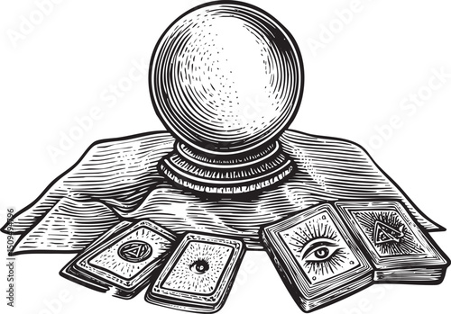 weathered crystal ball rests upon a draped cloth surrounded by tarot cards.