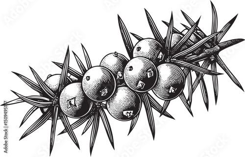 cluster of ripe juniper berries adorns a thorny stem.